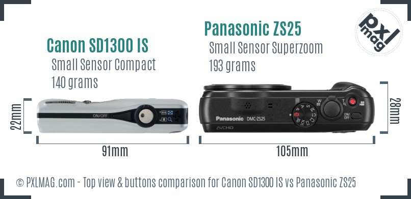 Canon SD1300 IS vs Panasonic ZS25 top view buttons comparison