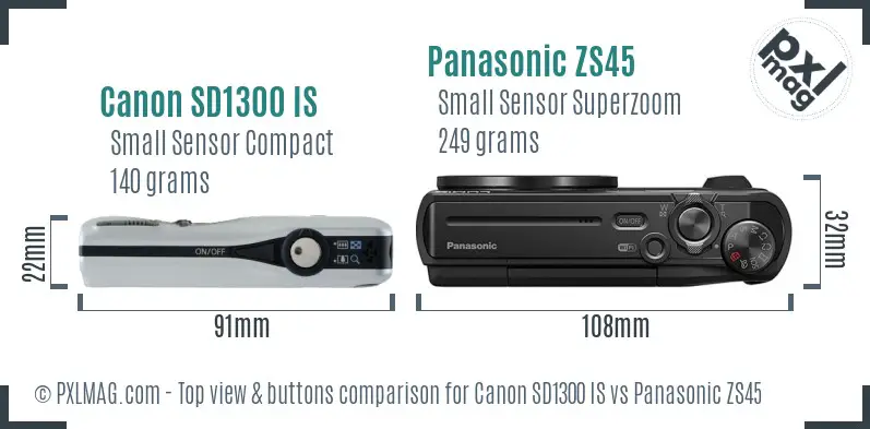 Canon SD1300 IS vs Panasonic ZS45 top view buttons comparison