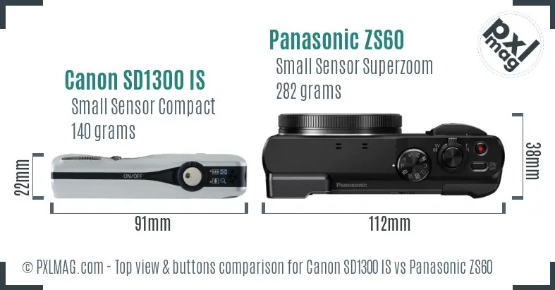 Canon SD1300 IS vs Panasonic ZS60 top view buttons comparison Canon SD1300 IS vs Panasonic ZS60 top view buttons comparison