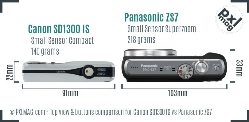 Canon SD1300 IS vs Panasonic ZS7 top view buttons comparison