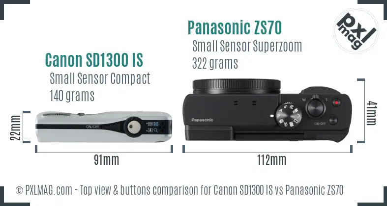 Canon SD1300 IS vs Panasonic ZS70 top view buttons comparison Canon SD1300 IS vs Panasonic ZS70 top view buttons comparison