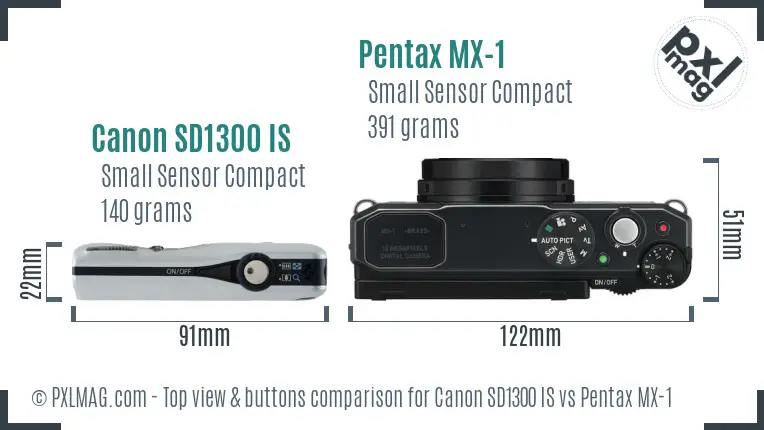 Canon SD1300 IS vs Pentax MX-1 top view buttons comparison