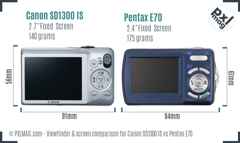 Canon SD1300 IS vs Pentax E70 Screen and Viewfinder comparison