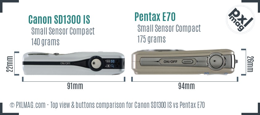 Canon SD1300 IS vs Pentax E70 top view buttons comparison