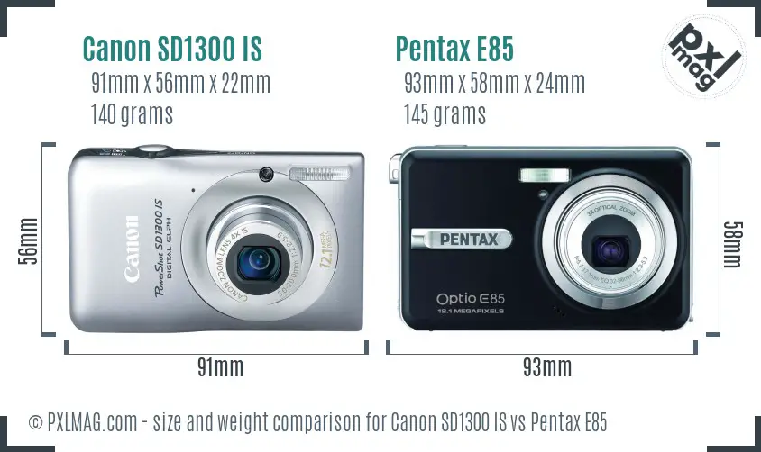 Canon SD1300 IS vs Pentax E85 size comparison
