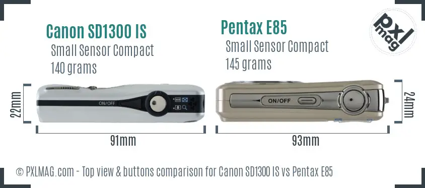Canon SD1300 IS vs Pentax E85 top view buttons comparison