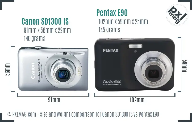 Canon SD1300 IS vs Pentax E90 size comparison