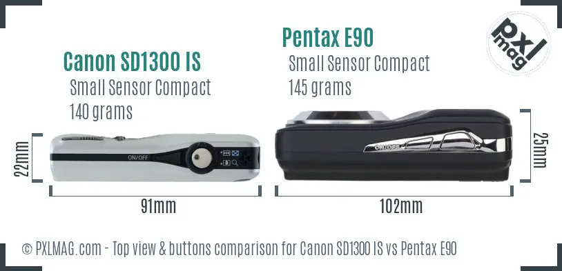 Canon SD1300 IS vs Pentax E90 top view buttons comparison