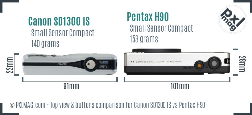 Canon SD1300 IS vs Pentax H90 top view buttons comparison