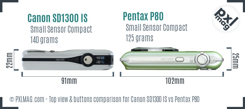 Canon SD1300 IS vs Pentax P80 top view buttons comparison