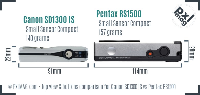 Canon SD1300 IS vs Pentax RS1500 top view buttons comparison
