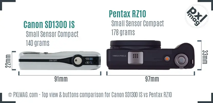 Canon SD1300 IS vs Pentax RZ10 top view buttons comparison Canon SD1300 IS vs Pentax RZ10 top view buttons comparison
