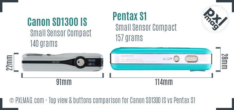 Canon SD1300 IS vs Pentax S1 top view buttons comparison