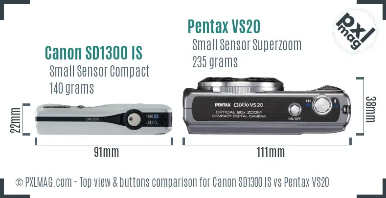 Canon SD1300 IS vs Pentax VS20 top view buttons comparison Canon SD1300 IS vs Pentax VS20 top view buttons comparison