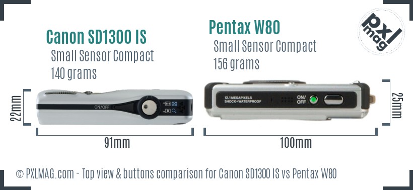 Canon SD1300 IS vs Pentax W80 top view buttons comparison