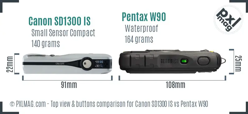 Canon SD1300 IS vs Pentax W90 top view buttons comparison Canon SD1300 IS vs Pentax W90 top view buttons comparison