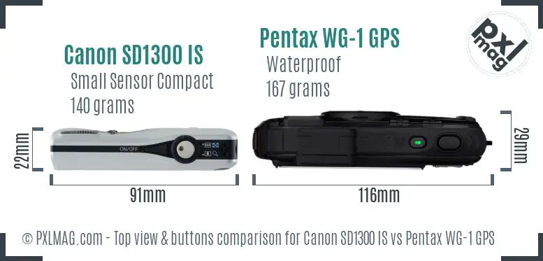 Canon SD1300 IS vs Pentax WG-1 GPS top view buttons comparison