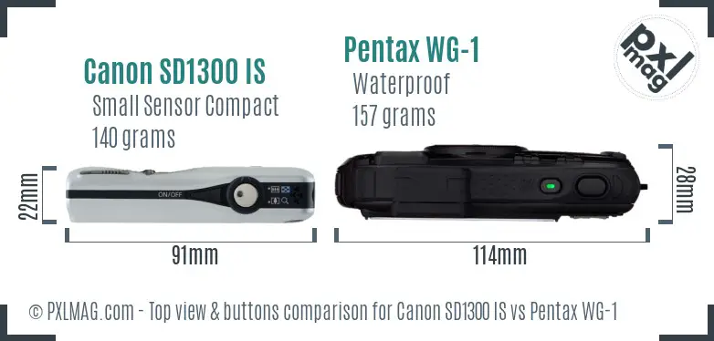 Canon SD1300 IS vs Pentax WG-1 top view buttons comparison Canon SD1300 IS vs Pentax WG-1 top view buttons comparison