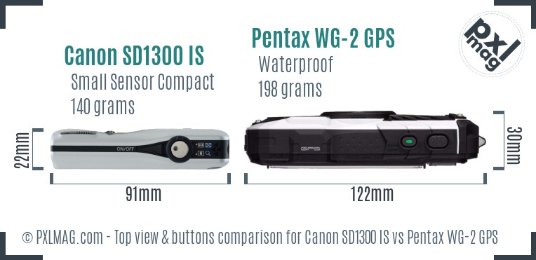 Canon SD1300 IS vs Pentax WG-2 GPS top view buttons comparison