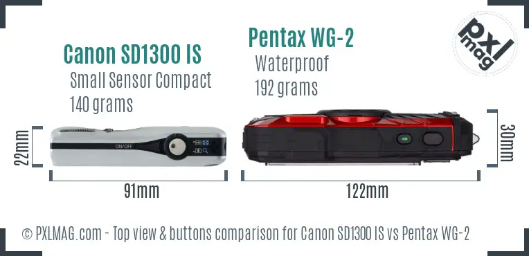 Canon SD1300 IS vs Pentax WG-2 top view buttons comparison