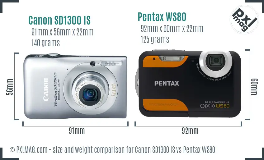 Canon SD1300 IS vs Pentax WS80 size comparison Canon SD1300 IS vs Pentax WS80 size comparison