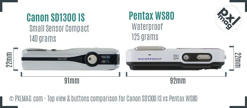 Canon SD1300 IS vs Pentax WS80 top view buttons comparison