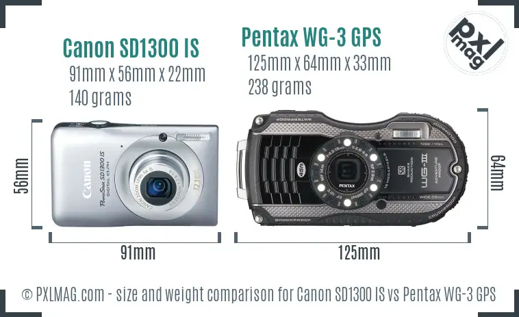 Canon SD1300 IS vs Pentax WG-3 GPS size comparison