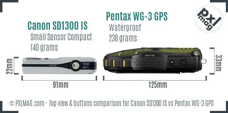 Canon SD1300 IS vs Pentax WG-3 GPS top view buttons comparison