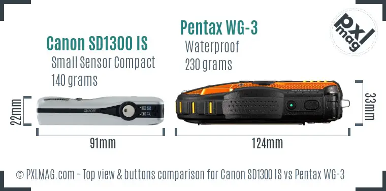 Canon SD1300 IS vs Pentax WG-3 top view buttons comparison