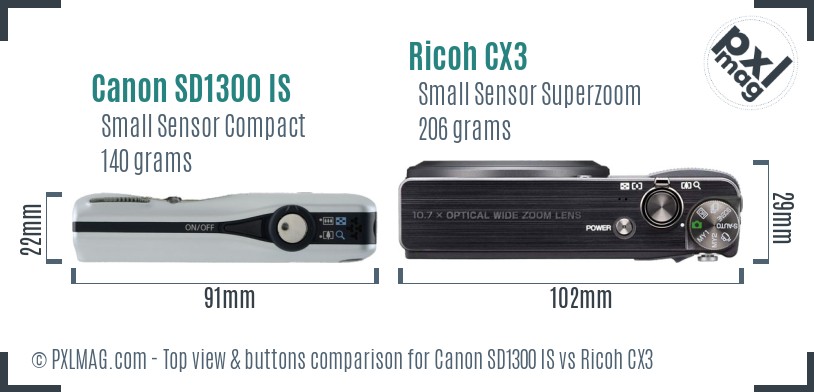 Canon SD1300 IS vs Ricoh CX3 top view buttons comparison