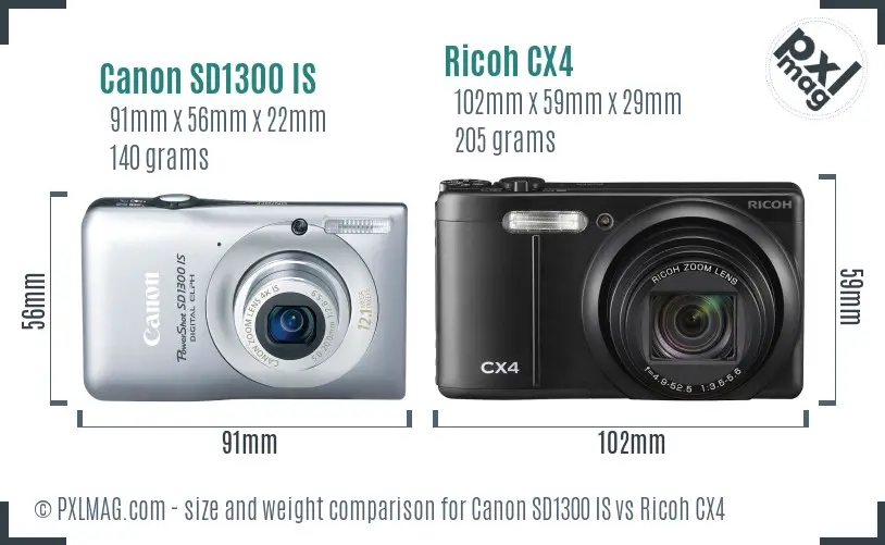 Canon SD1300 IS vs Ricoh CX4 size comparison