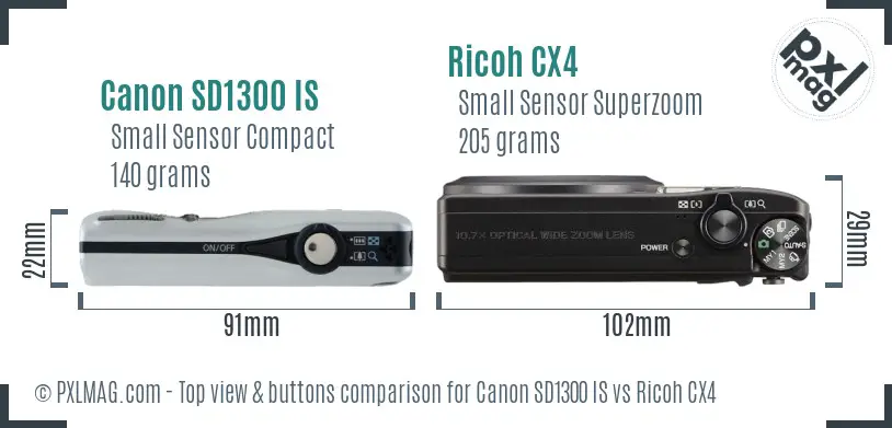 Canon SD1300 IS vs Ricoh CX4 top view buttons comparison