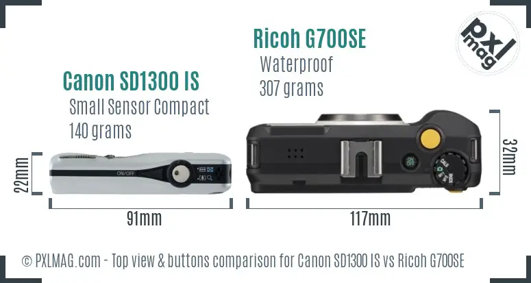 Canon SD1300 IS vs Ricoh G700SE top view buttons comparison