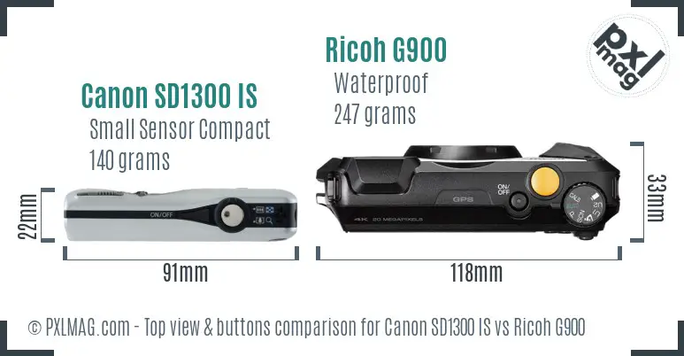 Canon SD1300 IS vs Ricoh G900 top view buttons comparison