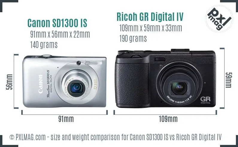 Canon SD1300 IS vs Ricoh GR Digital IV size comparison