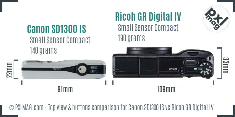 Canon SD1300 IS vs Ricoh GR Digital IV top view buttons comparison