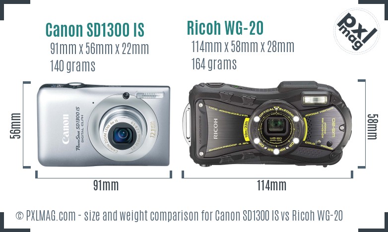 Canon SD1300 IS vs Ricoh WG-20 size comparison