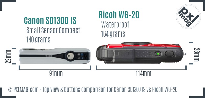 Canon SD1300 IS vs Ricoh WG-20 top view buttons comparison