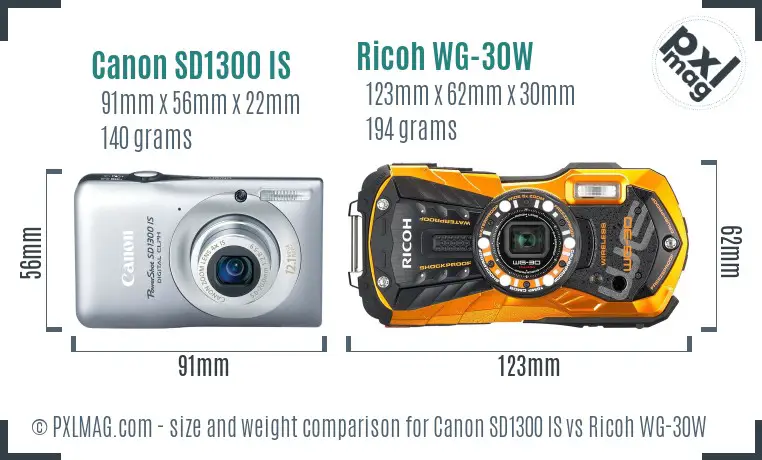 Canon SD1300 IS vs Ricoh WG-30W size comparison Canon SD1300 IS vs Ricoh WG-30W size comparison