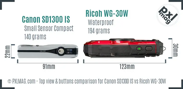 Canon SD1300 IS vs Ricoh WG-30W top view buttons comparison Canon SD1300 IS vs Ricoh WG-30W top view buttons comparison