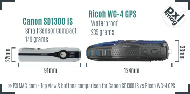 Canon SD1300 IS vs Ricoh WG-4 GPS top view buttons comparison