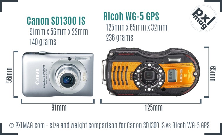 Canon SD1300 IS vs Ricoh WG-5 GPS size comparison