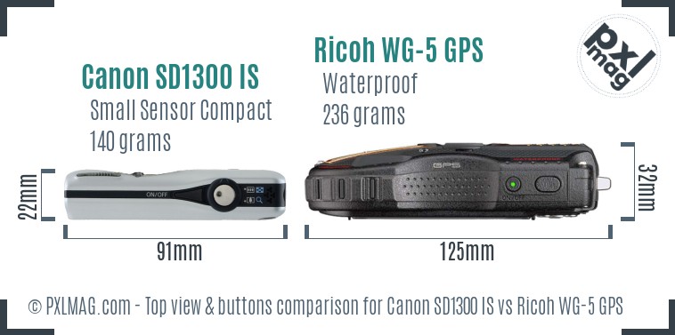 Canon SD1300 IS vs Ricoh WG-5 GPS top view buttons comparison