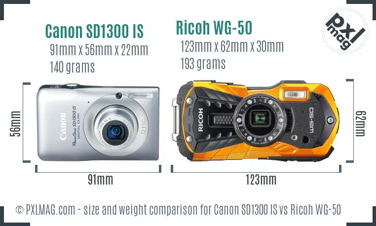 Canon SD1300 IS vs Ricoh WG-50 size comparison