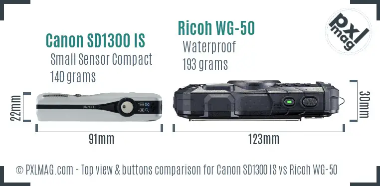 Canon SD1300 IS vs Ricoh WG-50 top view buttons comparison
