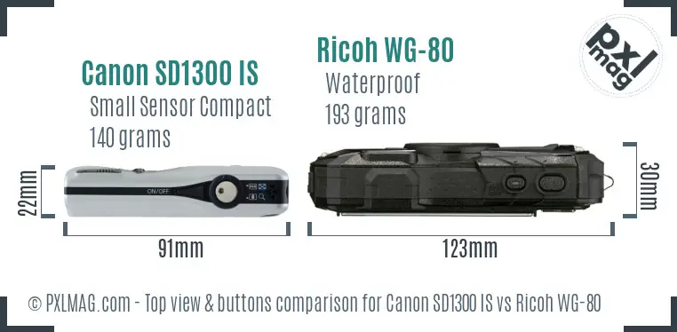 Canon SD1300 IS vs Ricoh WG-80 top view buttons comparison Canon SD1300 IS vs Ricoh WG-80 top view buttons comparison