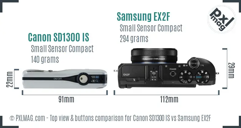 Canon SD1300 IS vs Samsung EX2F top view buttons comparison