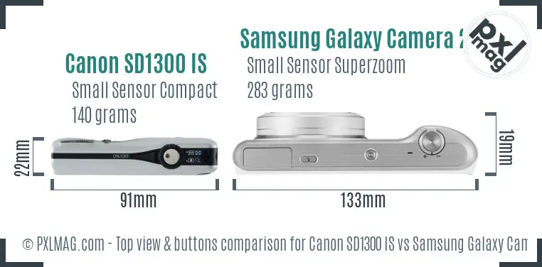 Canon SD1300 IS vs Samsung Galaxy Camera 2 top view buttons comparison