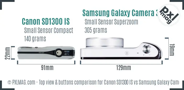 Canon SD1300 IS vs Samsung Galaxy Camera 3G top view buttons comparison