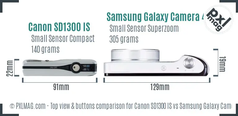 Canon SD1300 IS vs Samsung Galaxy Camera 4G top view buttons comparison